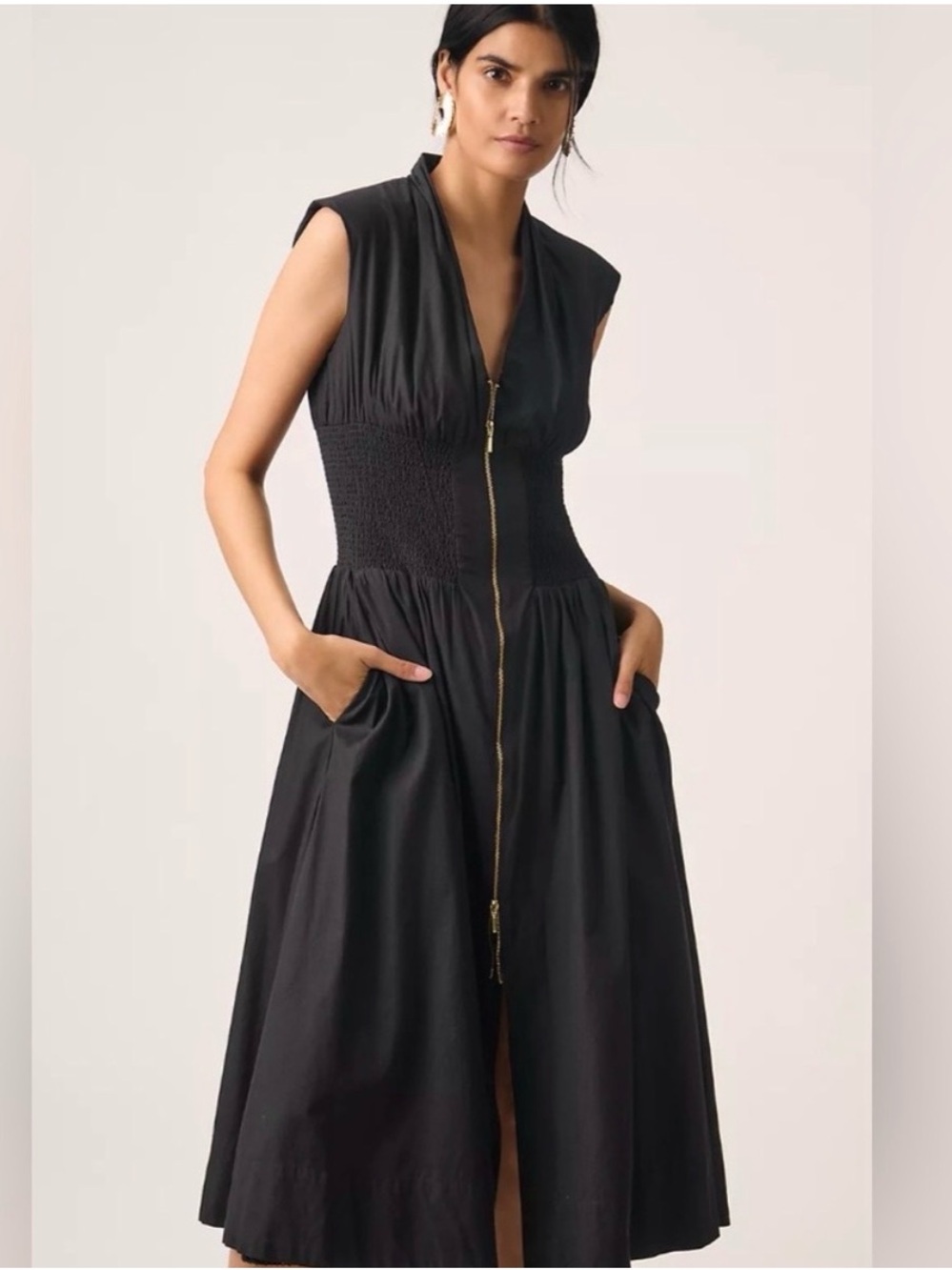 Anthropologie Black Zip-Front Smocked-Waist Midi Dress with Pockets